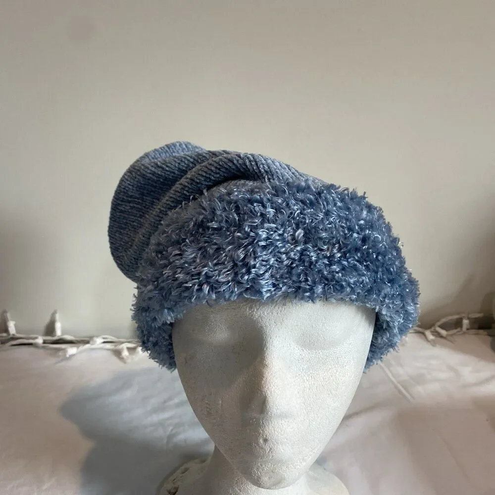 Womens beanie fine Knit lined hat blue slouchy or cuffed faux sherpa brim